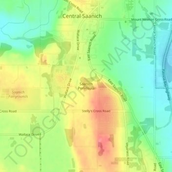 Mapa topográfico Saanich Peninsula, altitud, relieve
