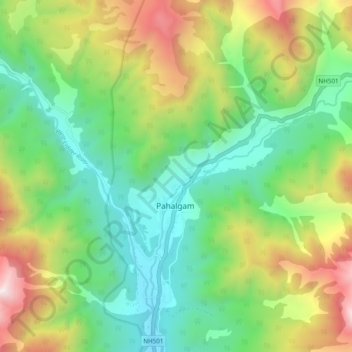Mapa topográfico Pahalgam, altitud, relieve