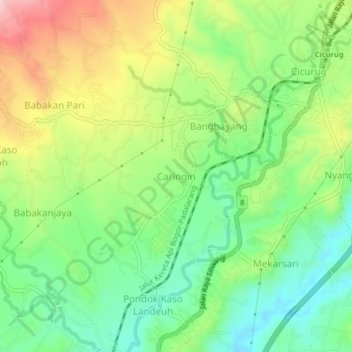 Mapa topográfico Caringin, altitud, relieve