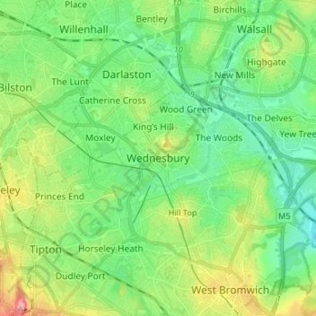 Mapa topográfico Wednesbury, altitud, relieve