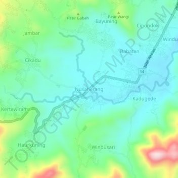 Mapa topográfico Nusaherang, altitud, relieve