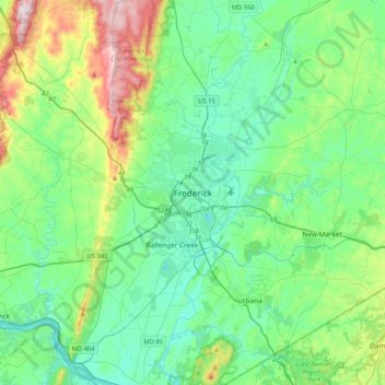 Mapa topográfico Frederick, altitud, relieve