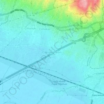 Mapa topográfico Cileunyi Kulon, altitud, relieve