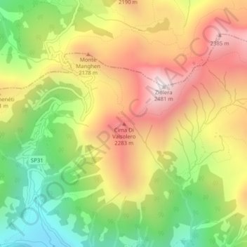 Mapa topográfico Cima Di Valsolero, altitud, relieve