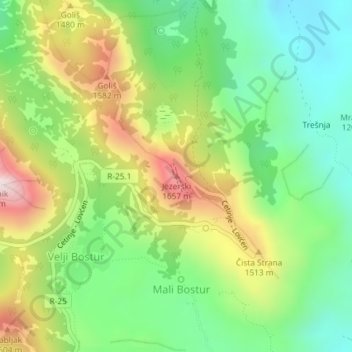 Mapa topográfico Jezerski, altitud, relieve