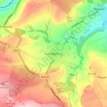 Mapa topográfico Cullingworth, altitud, relieve