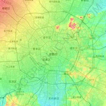 Mapa topográfico Chengdu, altitud, relieve