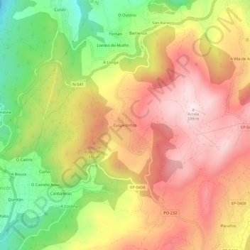 Mapa topográfico Cuspedriños, altitud, relieve