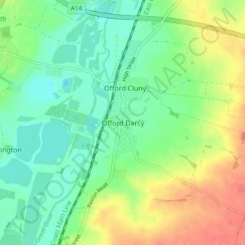 Mapa topográfico Offord Darcy, altitud, relieve