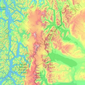 Mapa topográfico Zona Austral, altitud, relieve