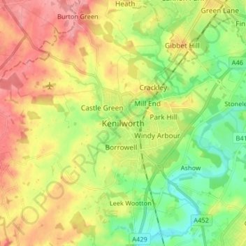 Mapa topográfico Kenilworth, altitud, relieve