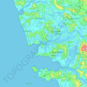 Mapa topográfico Panaji, altitud, relieve