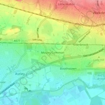 Mapa topográfico Mosley Common, altitud, relieve