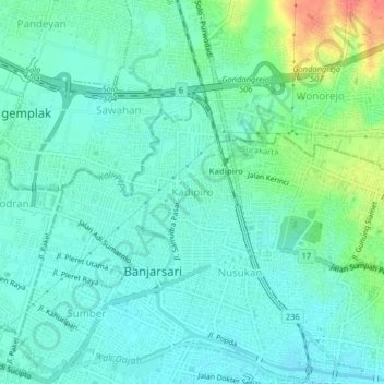 Mapa topográfico Kadipiro, altitud, relieve