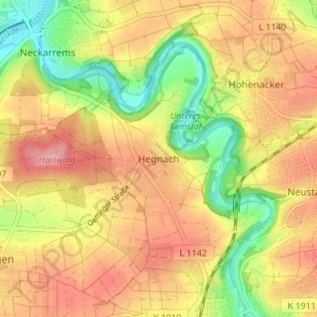 Mapa topográfico Hegnach, altitud, relieve