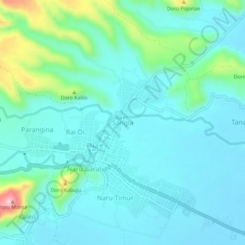 Mapa topográfico Sangia, altitud, relieve