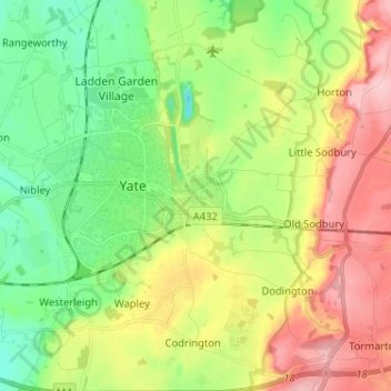 Mapa topográfico Chipping Sodbury, altitud, relieve