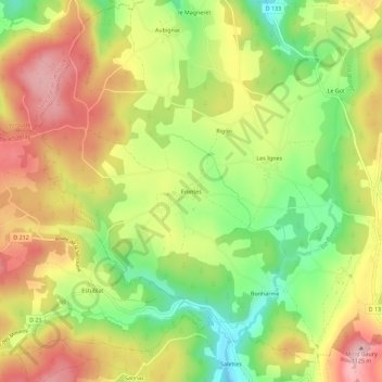 Mapa topográfico Frontès, altitud, relieve