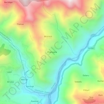 Mapa topográfico Chamyana, altitud, relieve