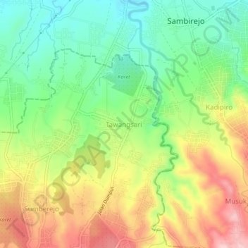 Mapa topográfico Tawangsari, altitud, relieve