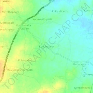 Mapa topográfico Kodumbalur, altitud, relieve