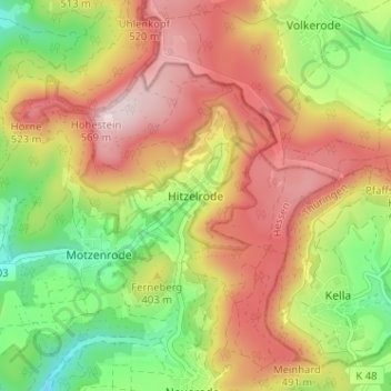 Mapa topográfico Hitzelrode, altitud, relieve
