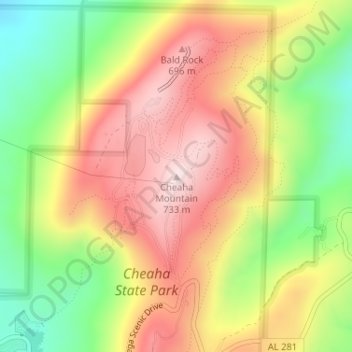 Mapa topográfico Cheaha Mountain, altitud, relieve