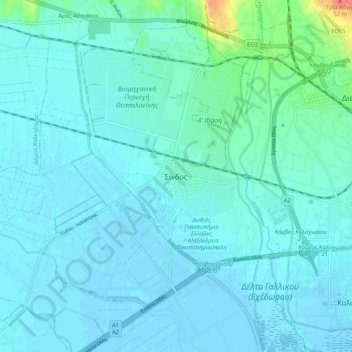 Mapa topográfico Sindos, altitud, relieve