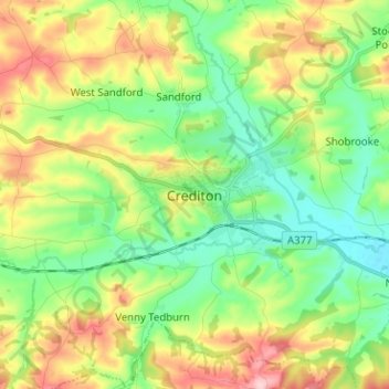 Mapa topográfico Crediton, altitud, relieve