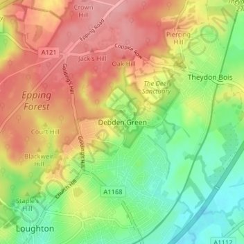 Mapa topográfico Debden Green, altitud, relieve