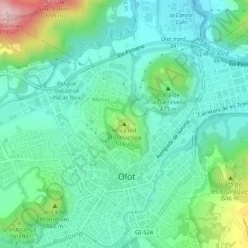 Mapa topográfico Volcà del Montsacopa, altitud, relieve