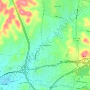 Mapa topográfico Parkwood Estates, altitud, relieve