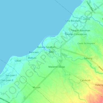 Mapa topográfico Naic, altitud, relieve