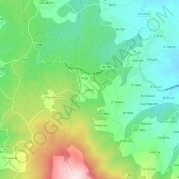 Mapa topográfico Calvos, altitud, relieve