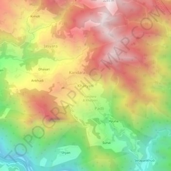 Mapa topográfico Khatyari, altitud, relieve