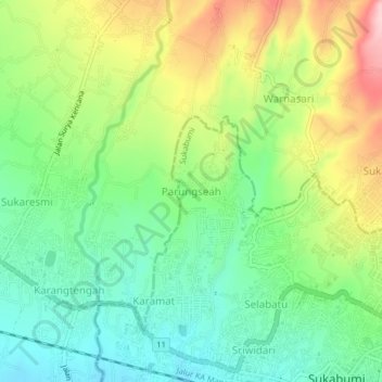 Mapa topográfico Parungseah, altitud, relieve