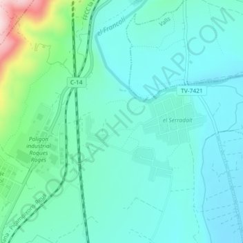Mapa topográfico el Fangar, altitud, relieve
