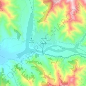 Mapa topográfico Poonch, altitud, relieve