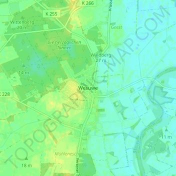 Mapa topográfico Wesuwe, altitud, relieve