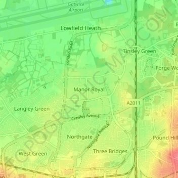 Mapa topográfico Manor Royal, altitud, relieve