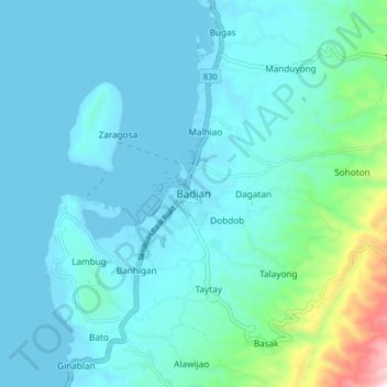 Mapa topográfico Badian, altitud, relieve