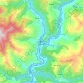 Mapa topográfico Devprayag, altitud, relieve
