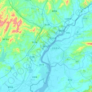 Mapa topográfico Zhenxing, altitud, relieve