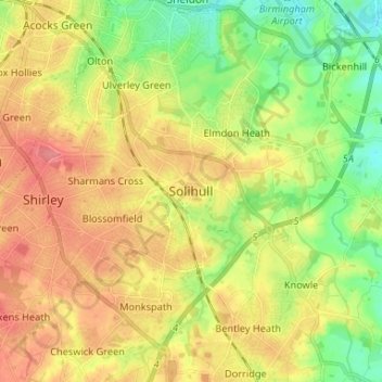 Mapa topográfico Solihull, altitud, relieve