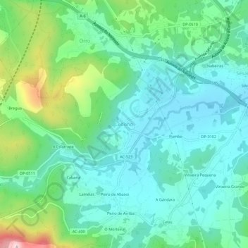 Mapa topográfico Ledoño, altitud, relieve