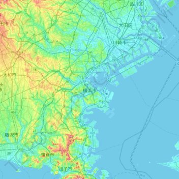 Mapa topográfico Yokohama, altitud, relieve