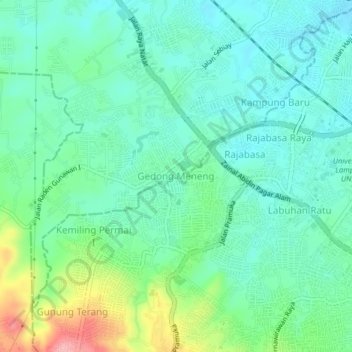 Mapa topográfico Gedong Meneng, altitud, relieve