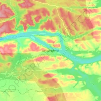 Mapa topográfico Omkareshwar, altitud, relieve