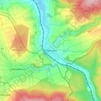 Mapa topográfico Offensen, altitud, relieve