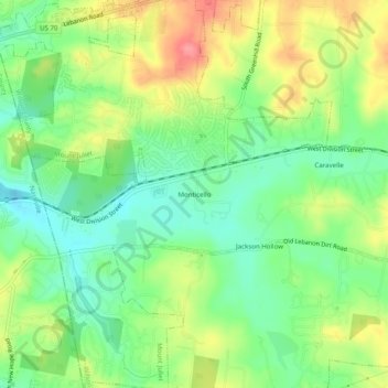 Mapa topográfico Monticello, altitud, relieve